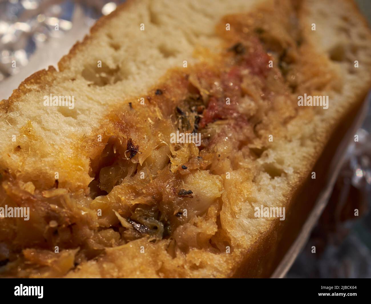 Bake and Salt Fish Sandwich, Little Guyana, Liberty Avenue, Queens, New York, USA Stock Photo