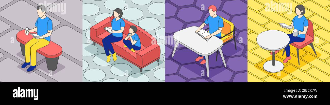 Reading people isometric 4x1 design concept with people sitting with ...