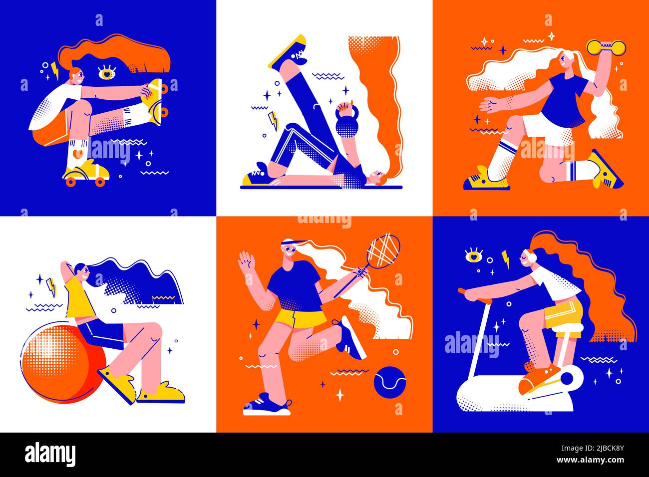 Fitness concept 6 flat colorful compositions with paying tennis