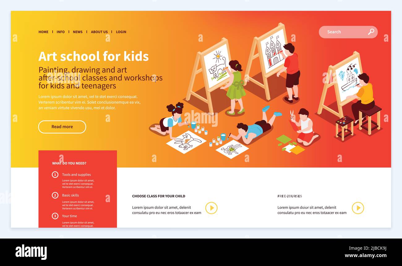 Isometric children art school website template design with drawing easels kids and clickable links with buttons vector illustration Stock Vector