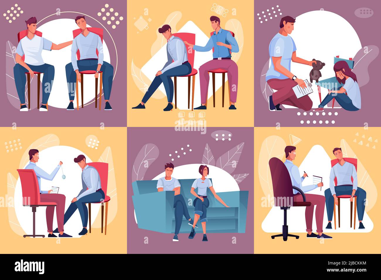 Psychology design concept with set of flat compositions characters of clients and therapists resolving mental problems vector illustration Stock Vector