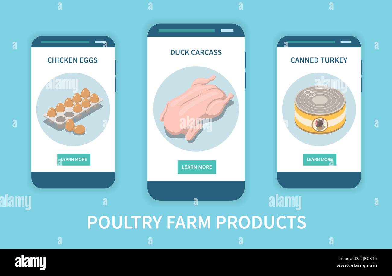 Poultry farm products mobile app concept with chicken eggs duck carcass and canned turkey advertising on smartphone screens isometric vector illustrat Stock Vector