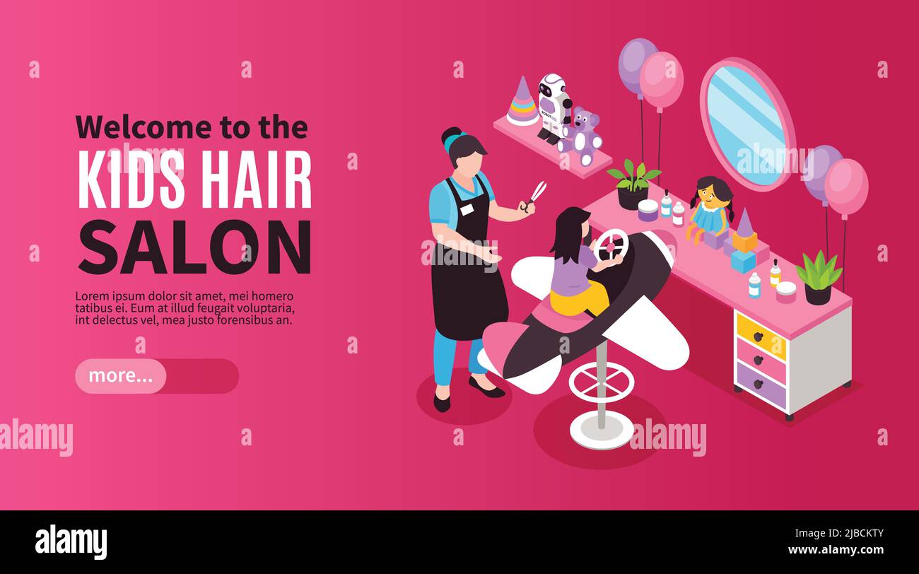 Beauty salon isometric banner with children barber cutting girl hair 3d vector illustration