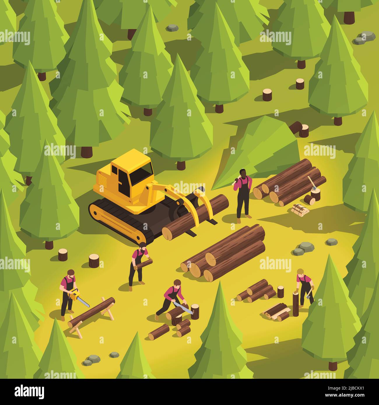 Sawmill in forest with lumberjacks working with wood and transporting