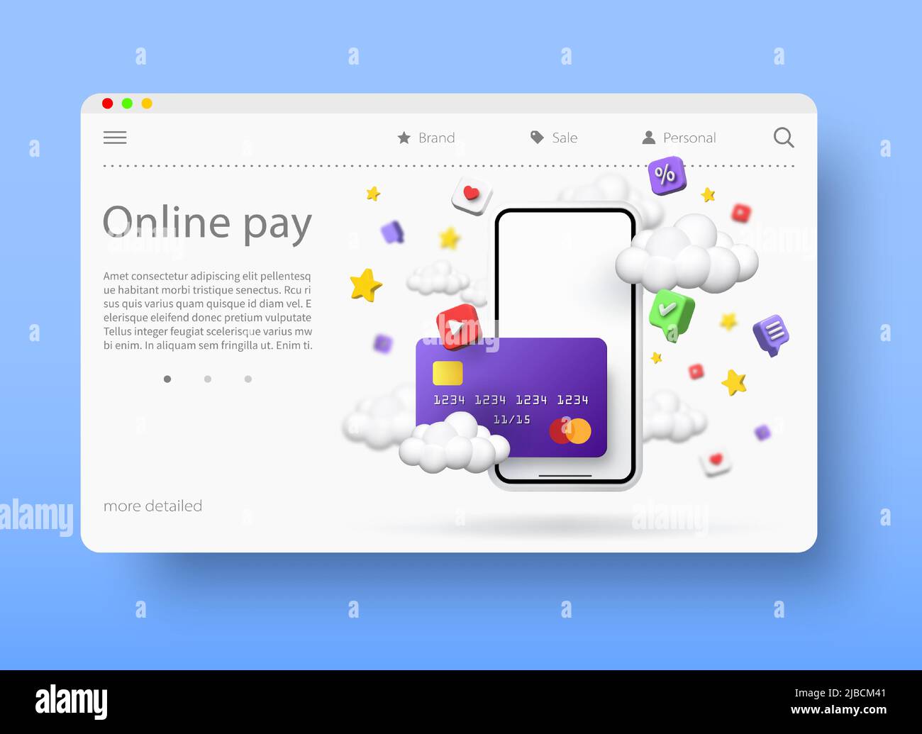 Online payments concept, vector 3d illustration. Purchasing application products and services over the Internet. Online banking Stock Vector