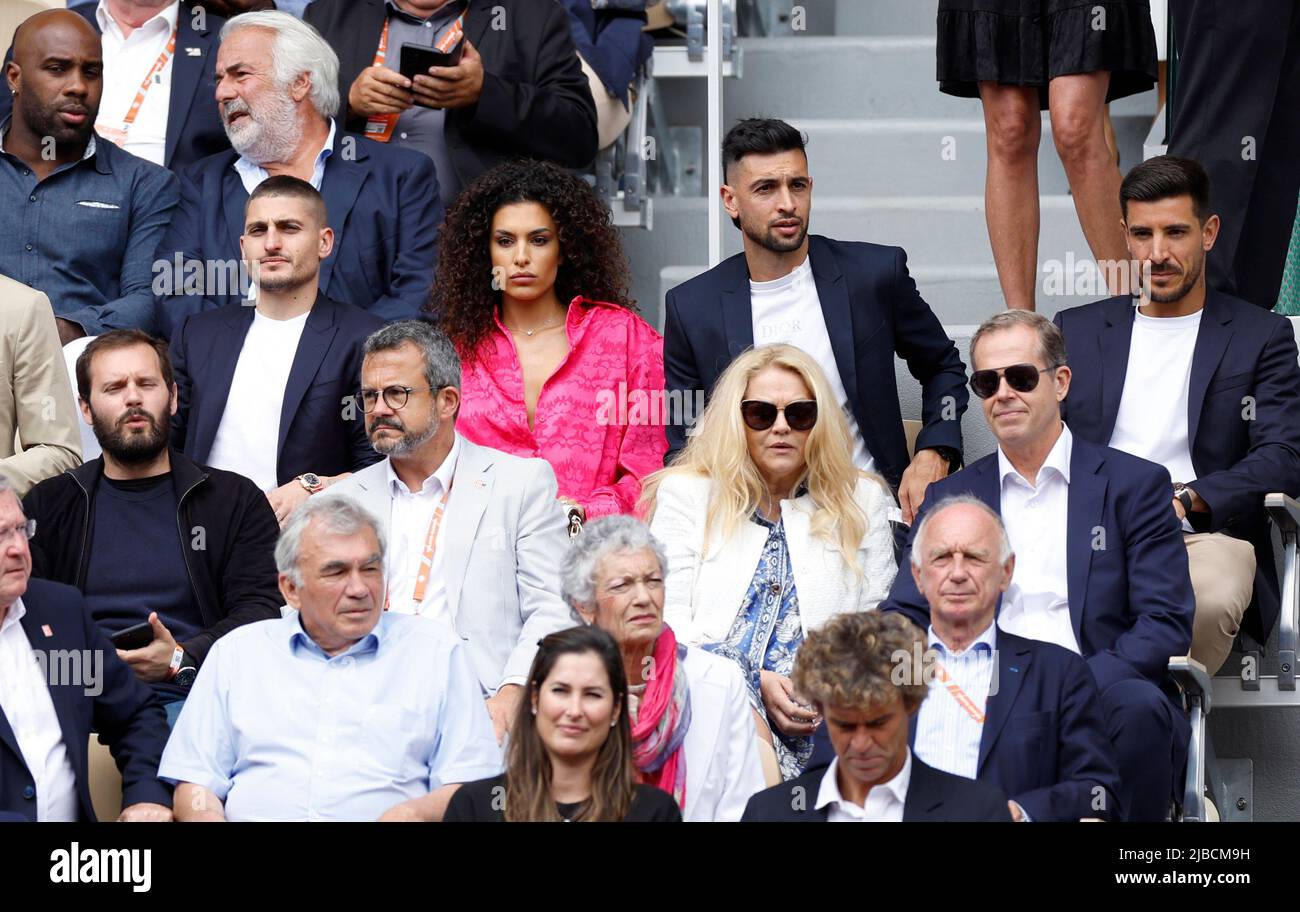 Tennis - French Open - Roland Garros, Paris, France - June 5, 2022 Javier  Pastore, Paris St Germain's Marco Verratti and his wife Jessica Aïdi are  seen before the men's singles final