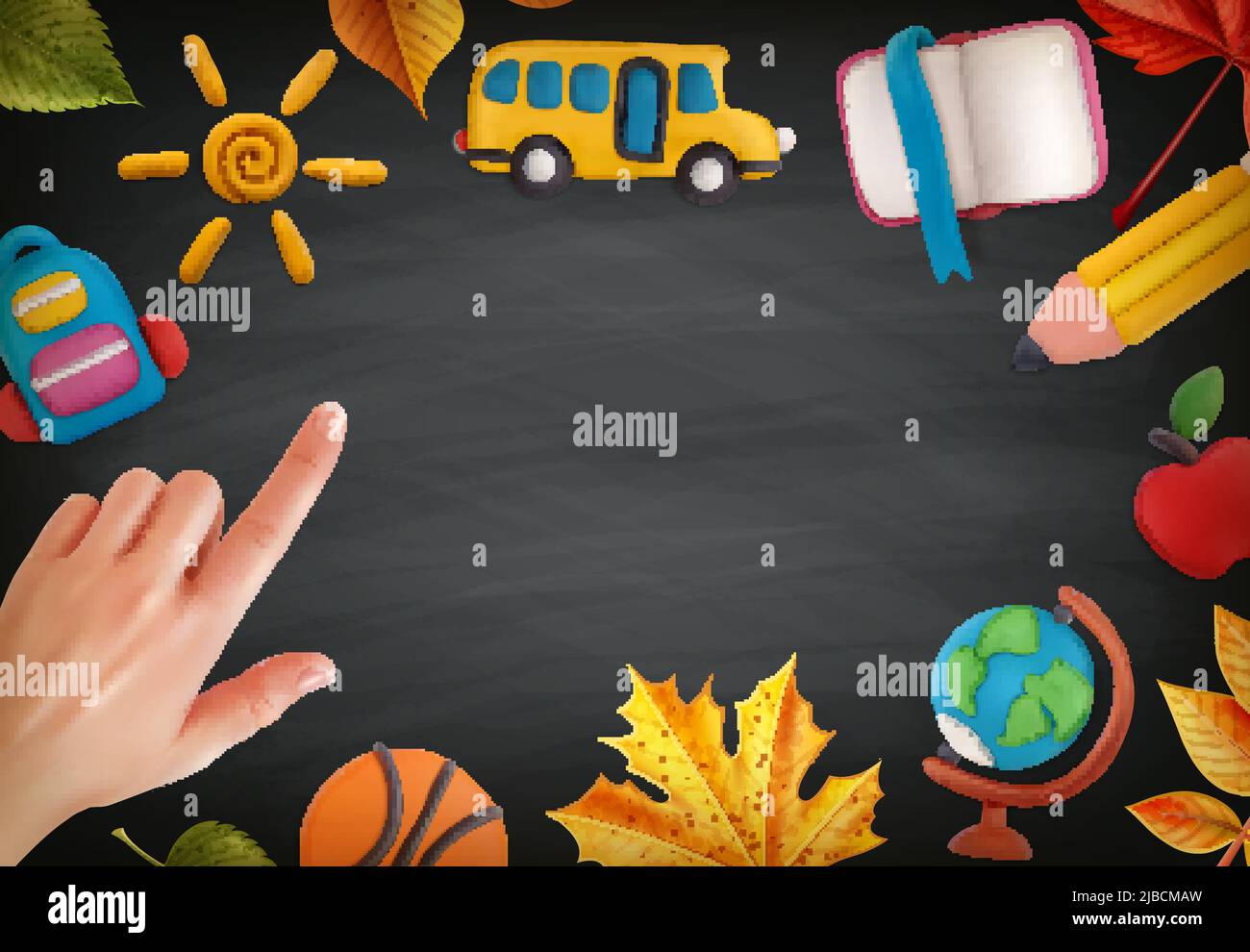 Plasticine modeling clay school composition with chalkboard background