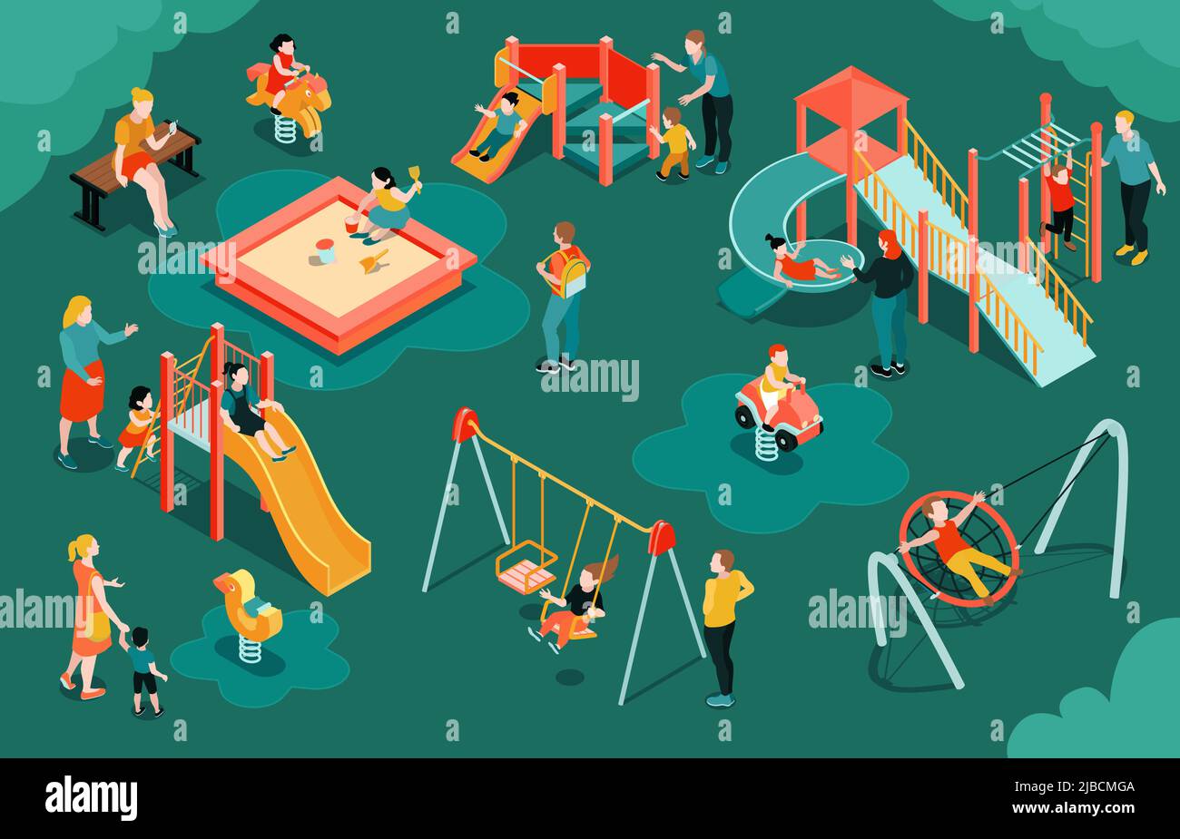 Isometric playground composition with outdoor scenery parents with kids and play equipment slide swing and sandpit vector illustration Stock Vector