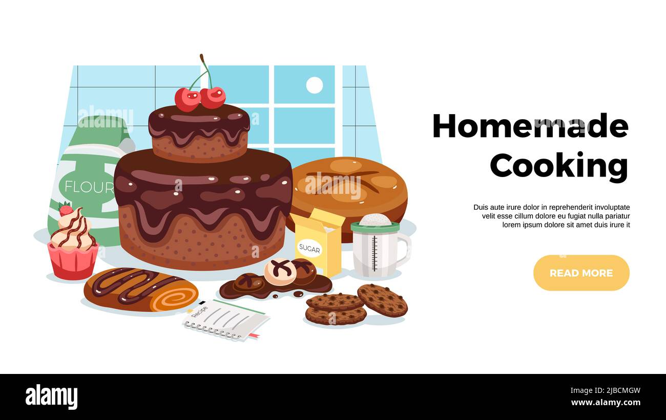Homemade cooking horizontal web banner with art composition of ready made delicious sweet pastries flat vector illustration Stock Vector
