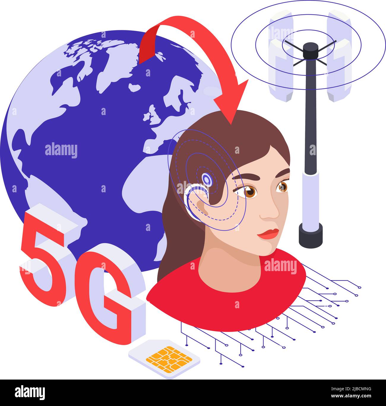 5G remote surgery with a deep brain stimulation chip implant neurological healthcare technologies isometric composition vector illustration Stock Vector