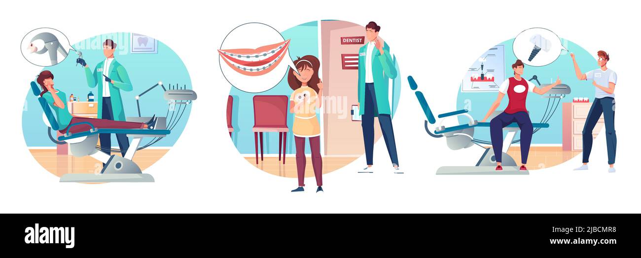Dentistry compositions set with flat human characters of adult patients