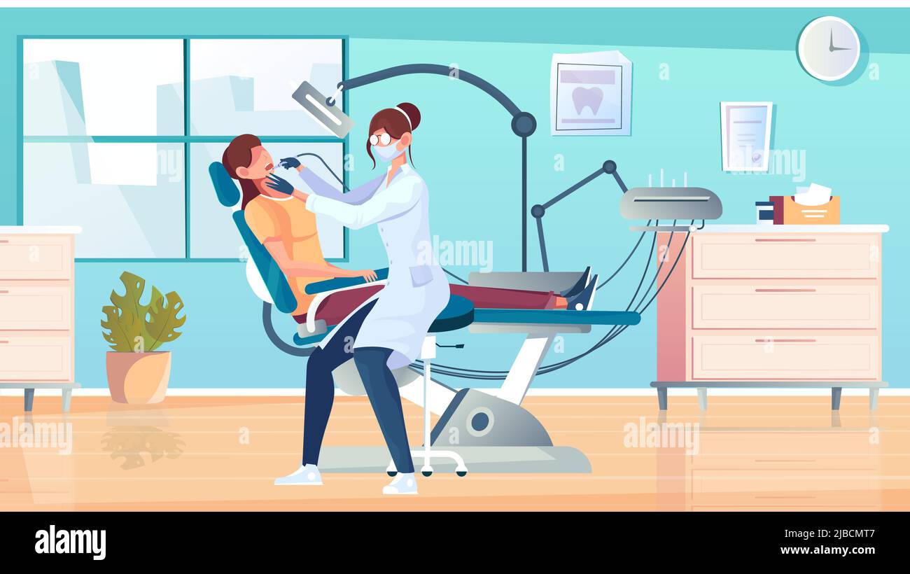 Dental filling flat composition with view of dental surgeons office