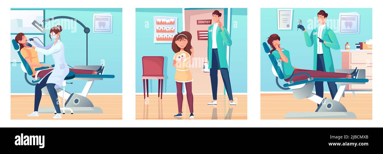 Dentistry set with flat compositions of dentists office scenery with