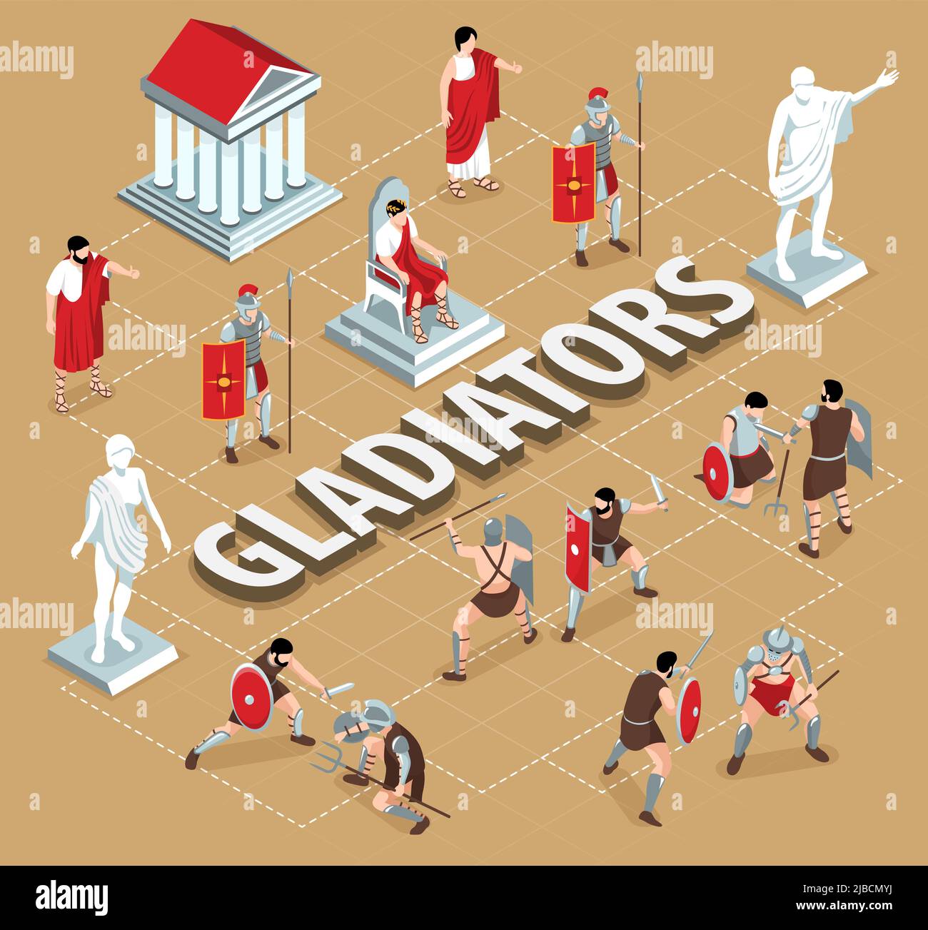 Isometric ancient rome gladiators flowchart composition with text dashed lines and statues with characters of warriors vector illustration Stock Vector