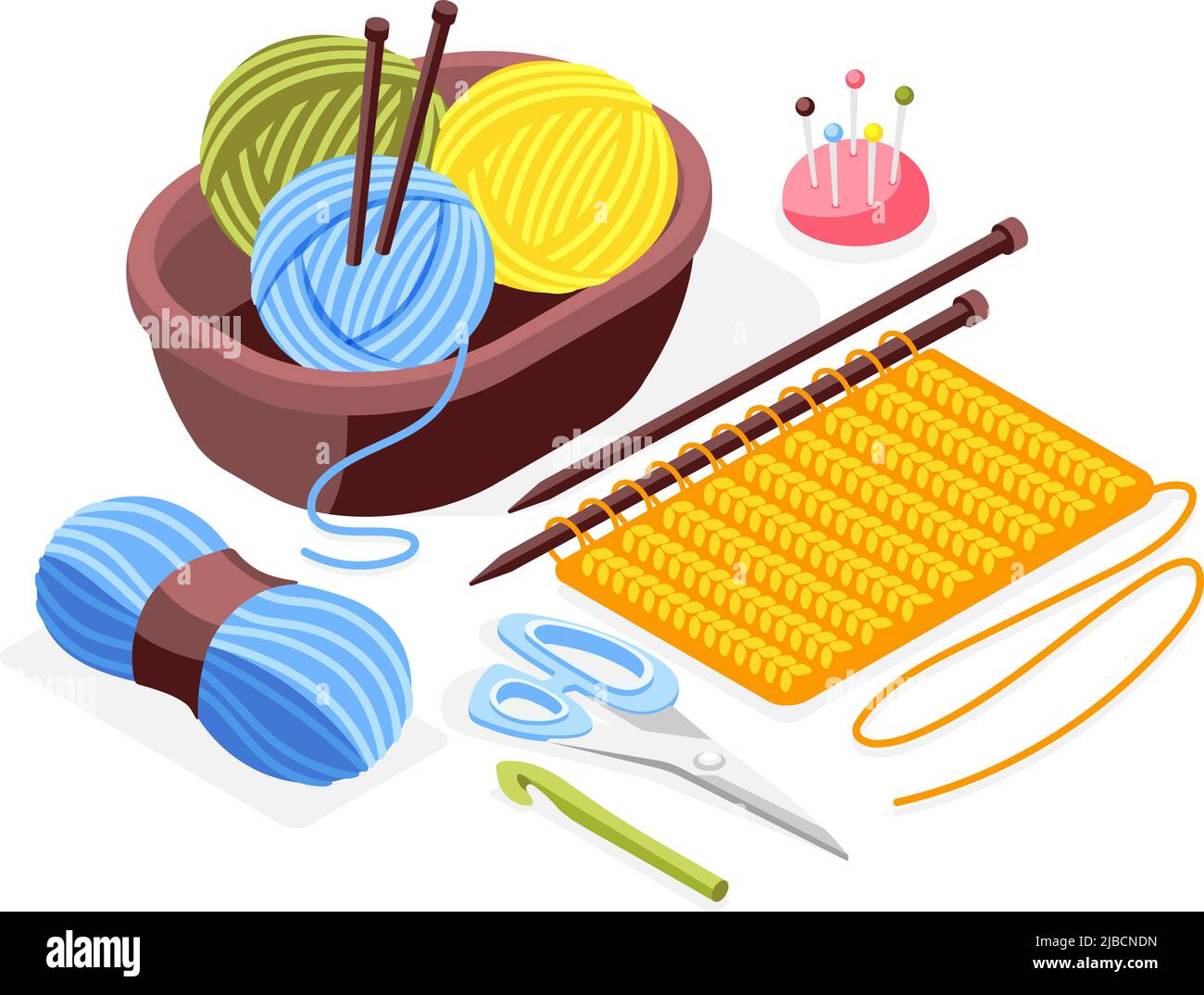 Hobby crafts isometric background with knitting needles scissors piece ...