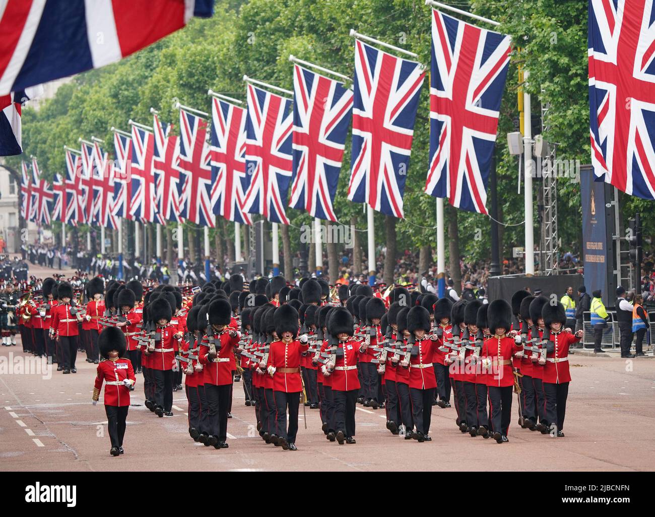 The Queen's guards march during the Platinum Jubilee Pageant in front