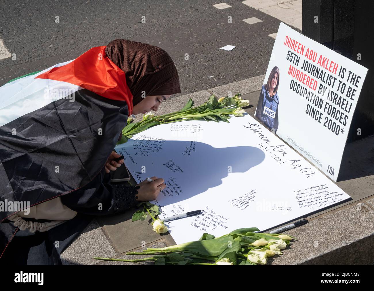 Protester at End Apartheid Free Palestine march, in protest of 74 years of Nakba, when Palestinians were displaced by the creation of Israel in 1948. Stock Photo