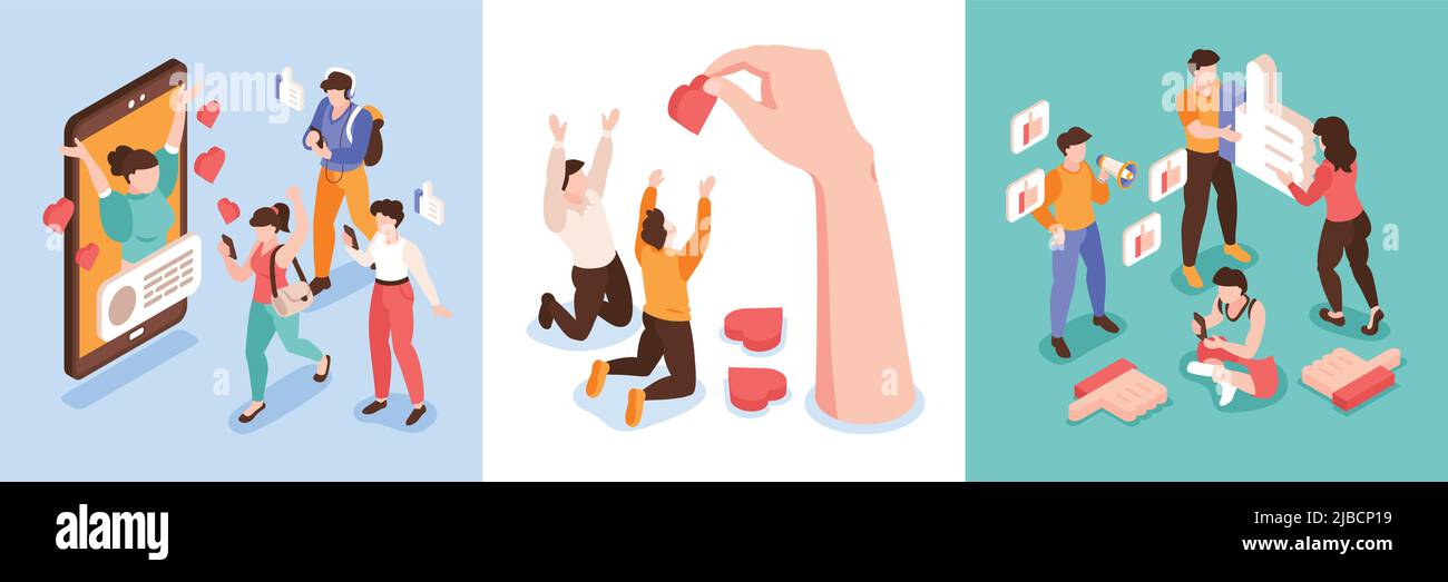 Isometric hype social media design concept set with lust for likes and