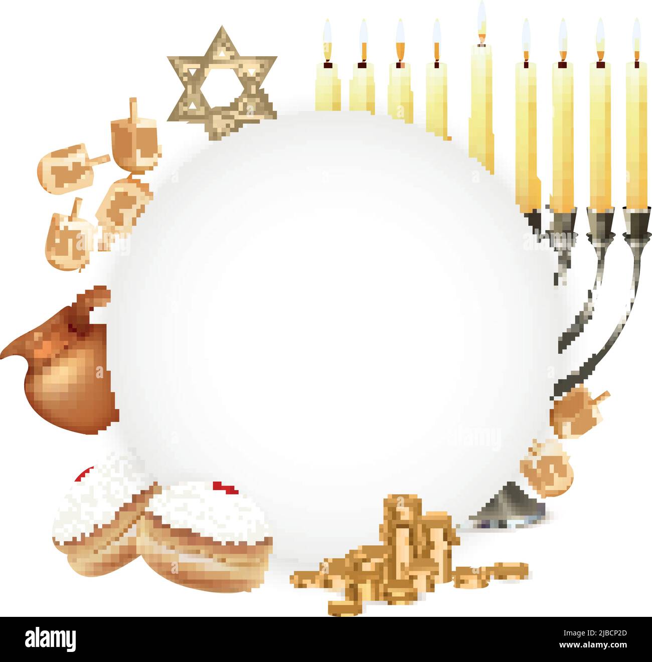 Hanukkah celebration symbols attributes realistic circular composition with six pointed david star menora candelabrum moon vector illustration Stock Vector