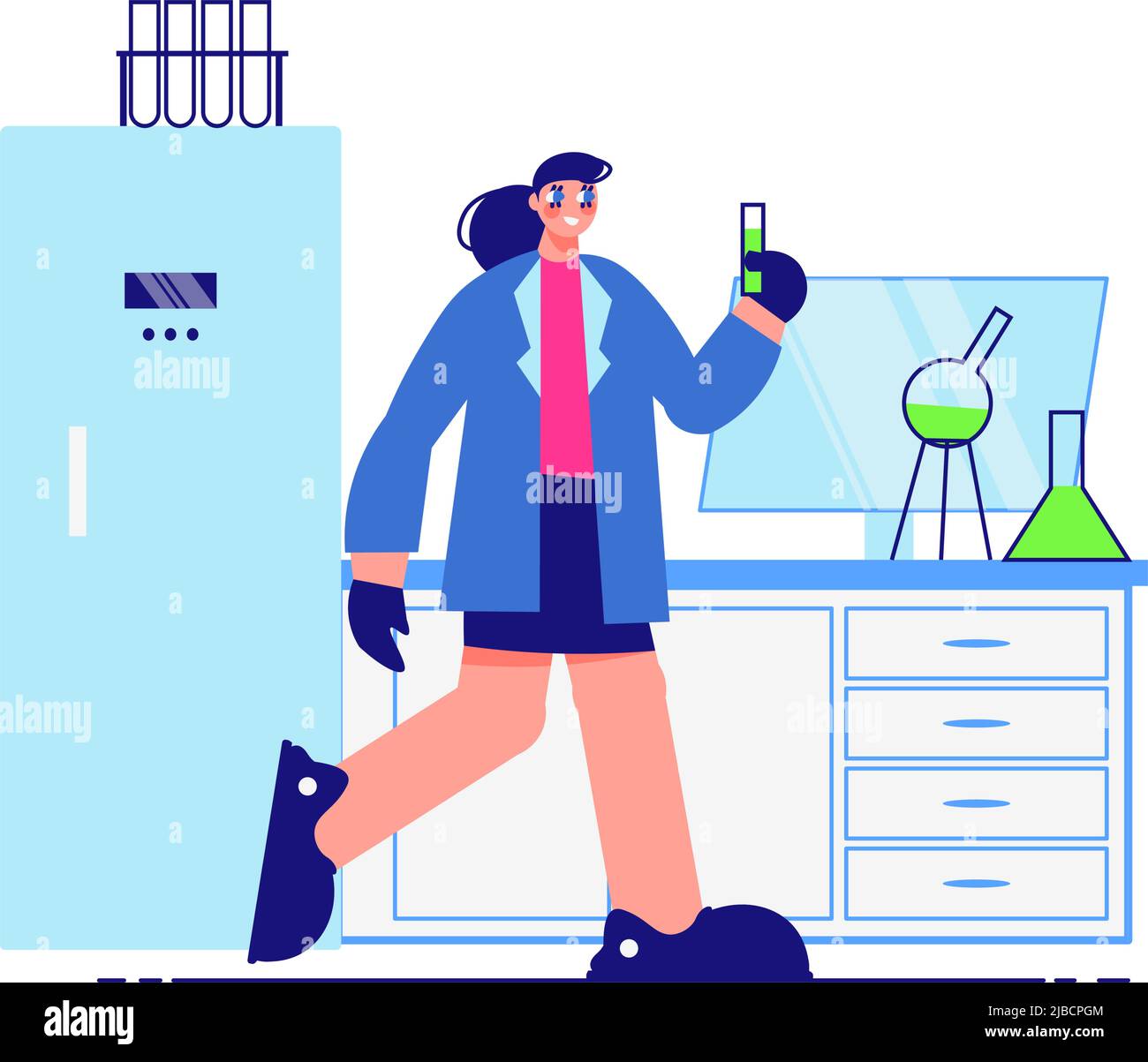 Science laboratory composition with female character of scientist in