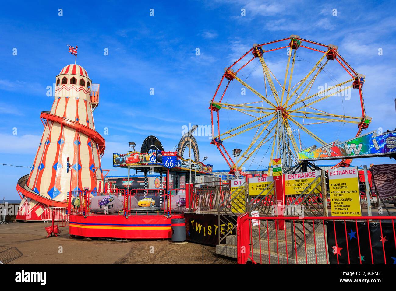 The fun fair at Hunstanton on the north coast of Norfolk on a clear winter's day. Closed for winter maintainance. Stock Photo