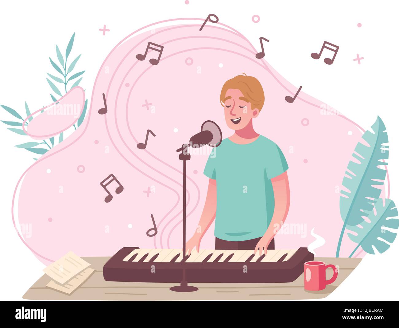 Hobby cartoon composition with young man singing while playing electronic piano organ keyboard with microphone vector illustration Stock Vector