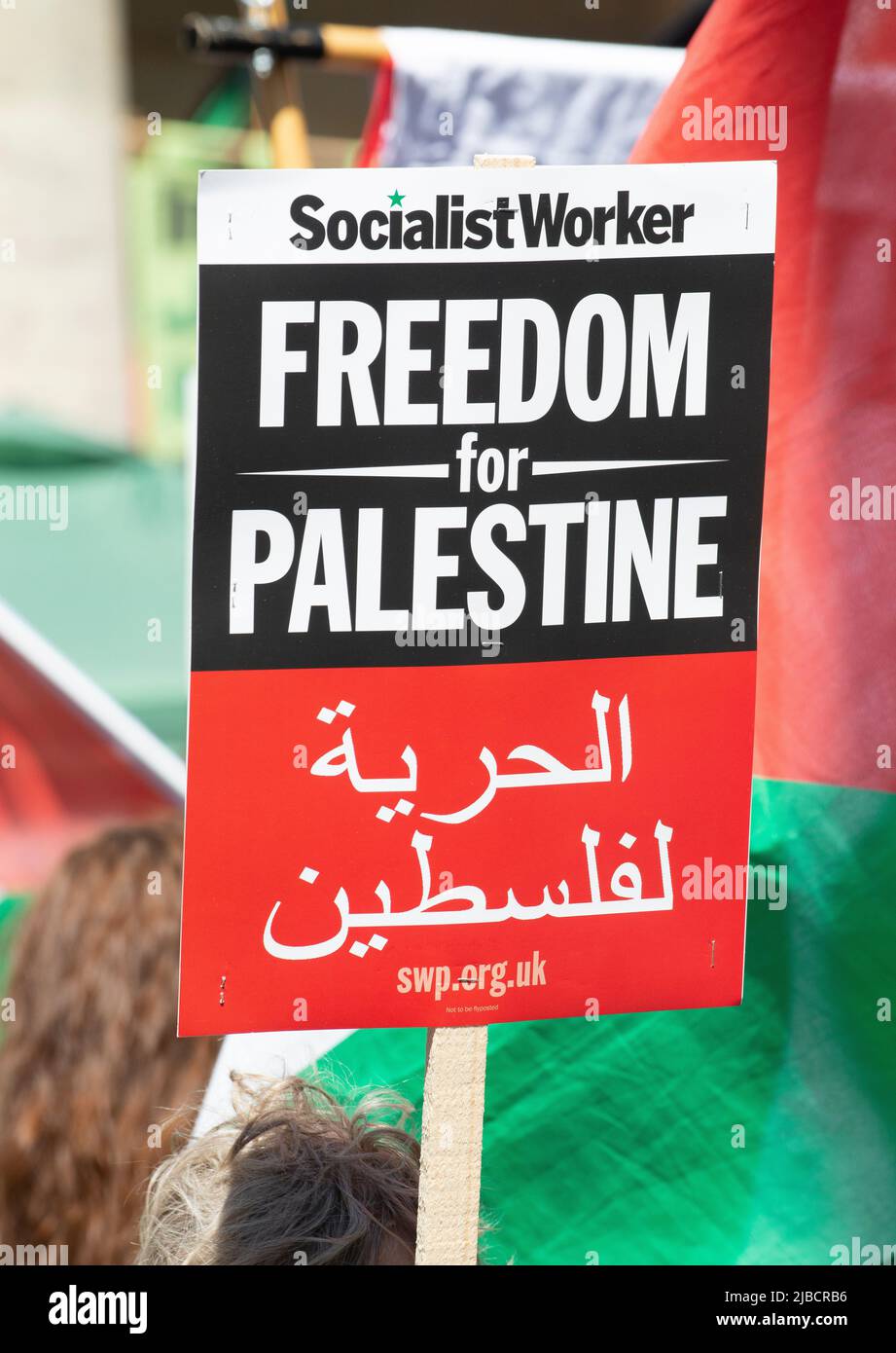 Campaign sign at the End Apartheid - Free Palestine demonstration march, London, in protest of 74 years of Nakba - the creation of Israel. Stock Photo