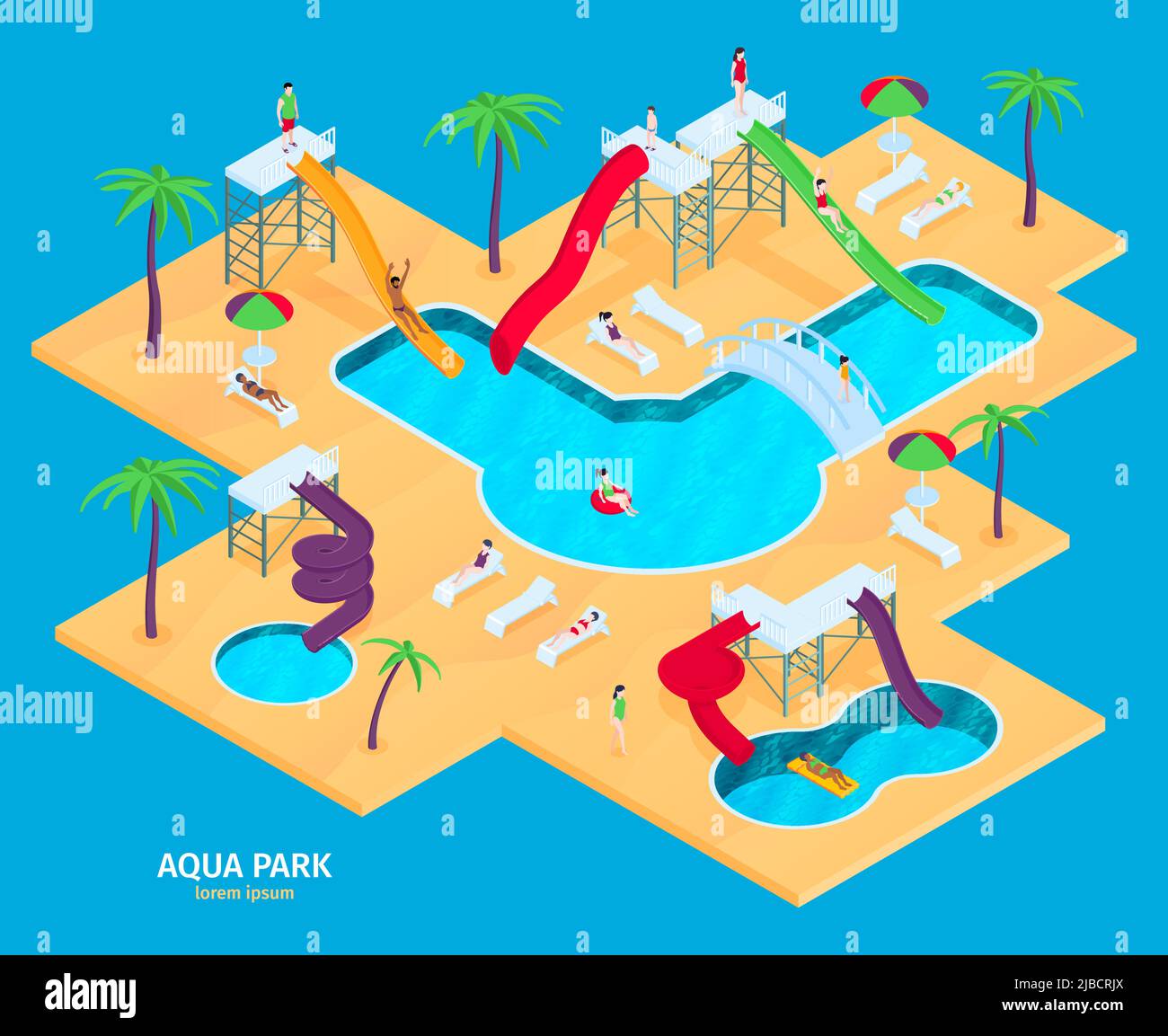 Aqua park attractions surrounded by water background isometric composition with various slides palms long chairs vector illustration Stock Vector