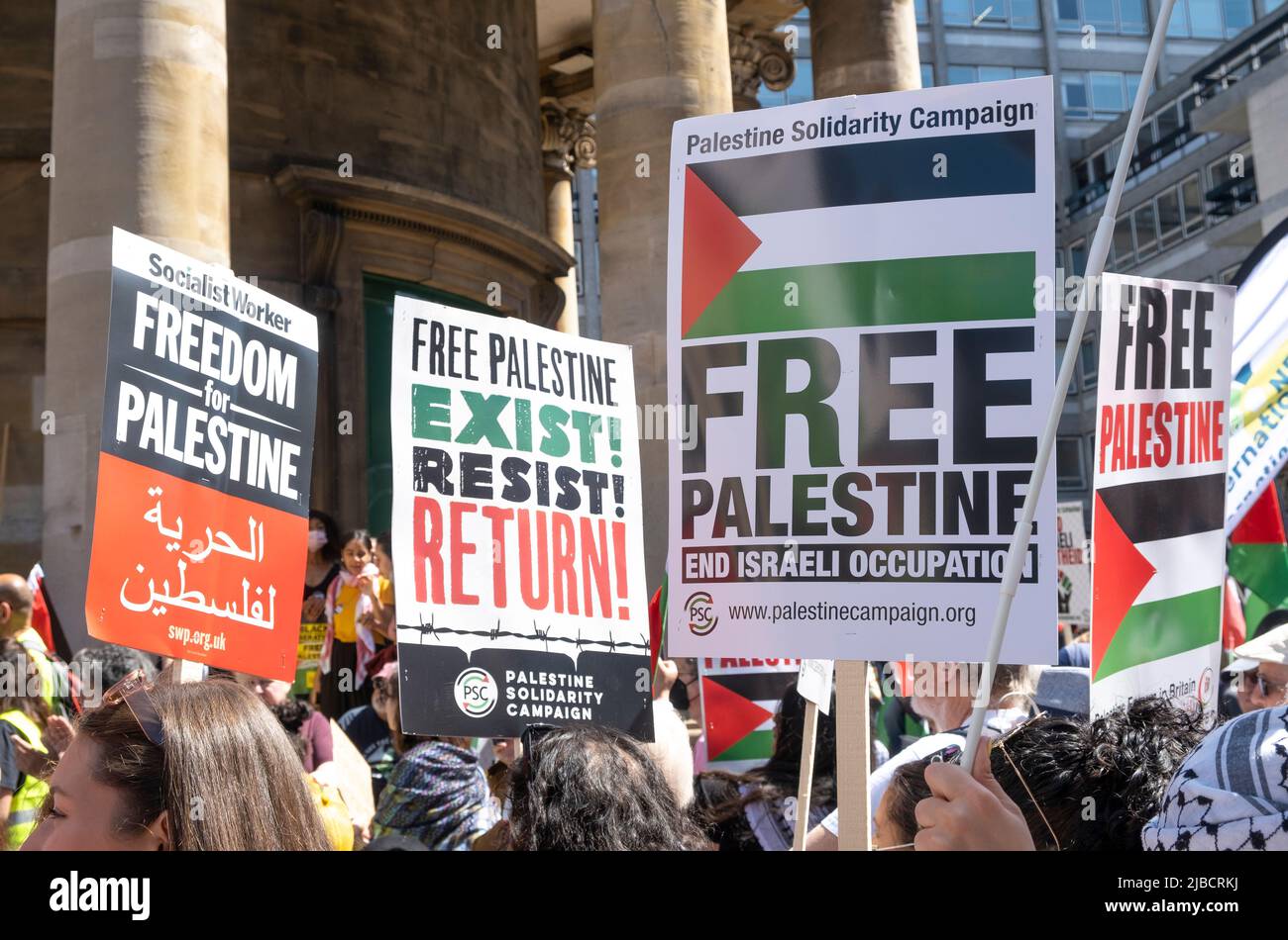 Campaign sign at the End Apartheid - Free Palestine demonstration march, London, in protest of 74 years of Nakba - the creation of Israel. Stock Photo