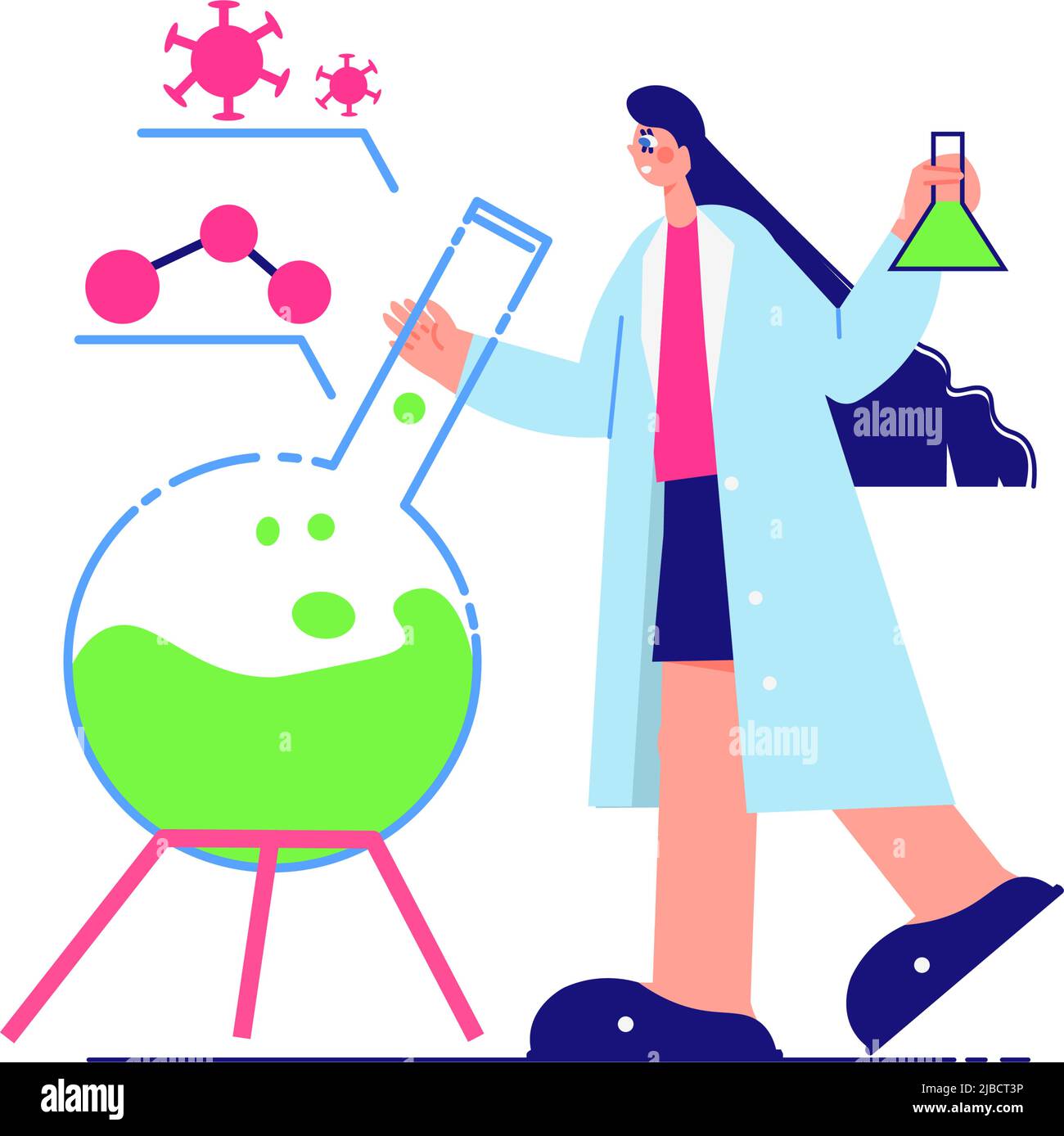 Science laboratory composition with character of female scientist with lab flask vector illustration Stock Vector