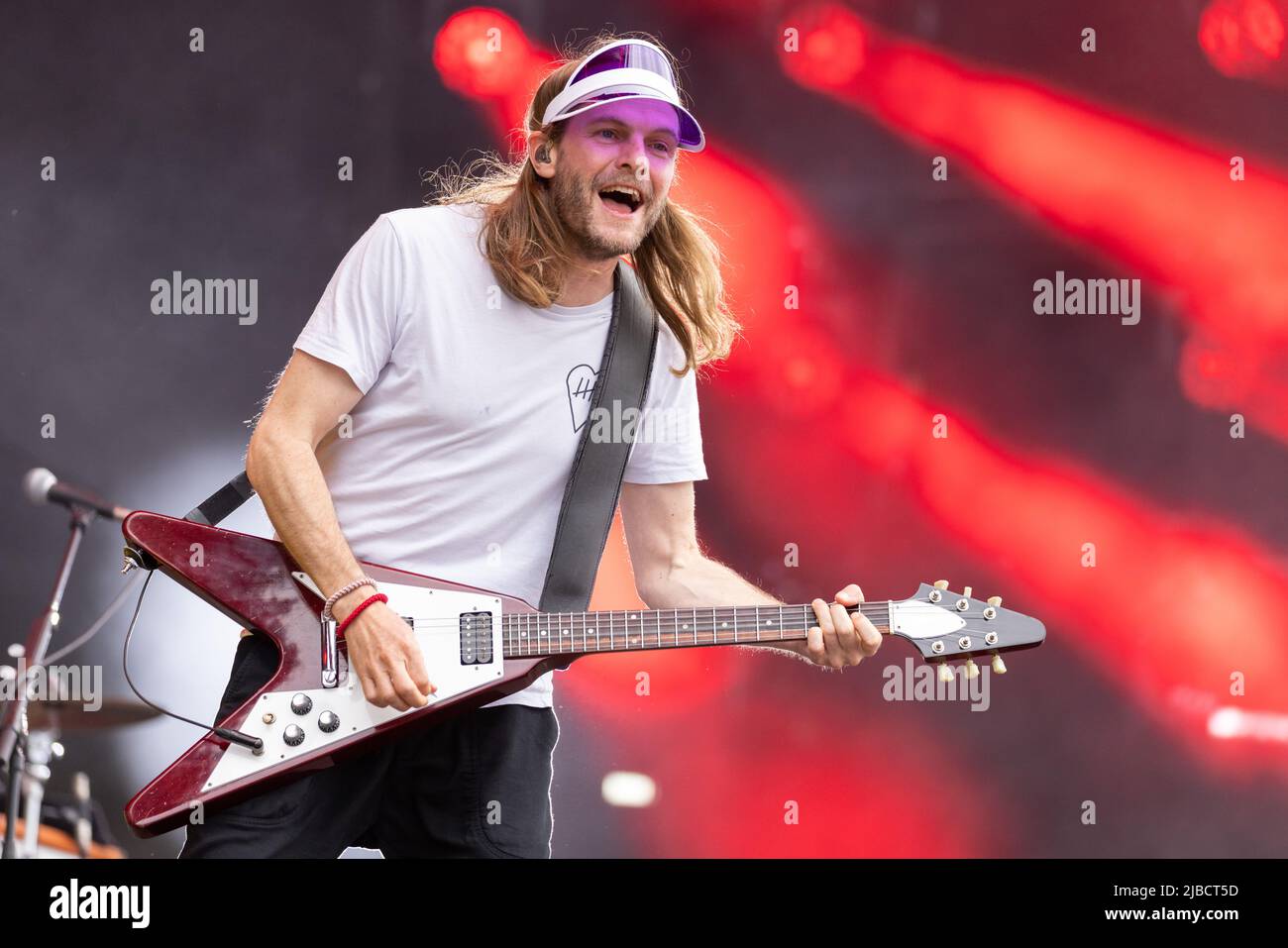 Nuremberg, Germany. 05th June, 2022. Peter Brugger, singer and guitarist of Sportfreunde Stiller, is on stage at the open-air festival 'Rock im Park'. It is one of the biggest music festivals in Bavaria. In previous years, up to 70,000 rock fans had come. Credit: Daniel Karmann/dpa/Alamy Live News Stock Photo
