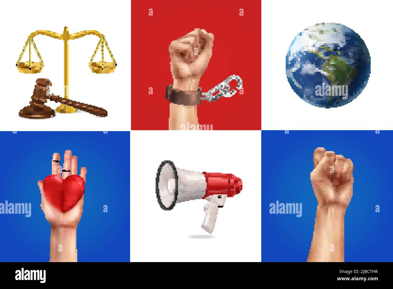 Social justice design concept set of broken chain judge gavel scales ...