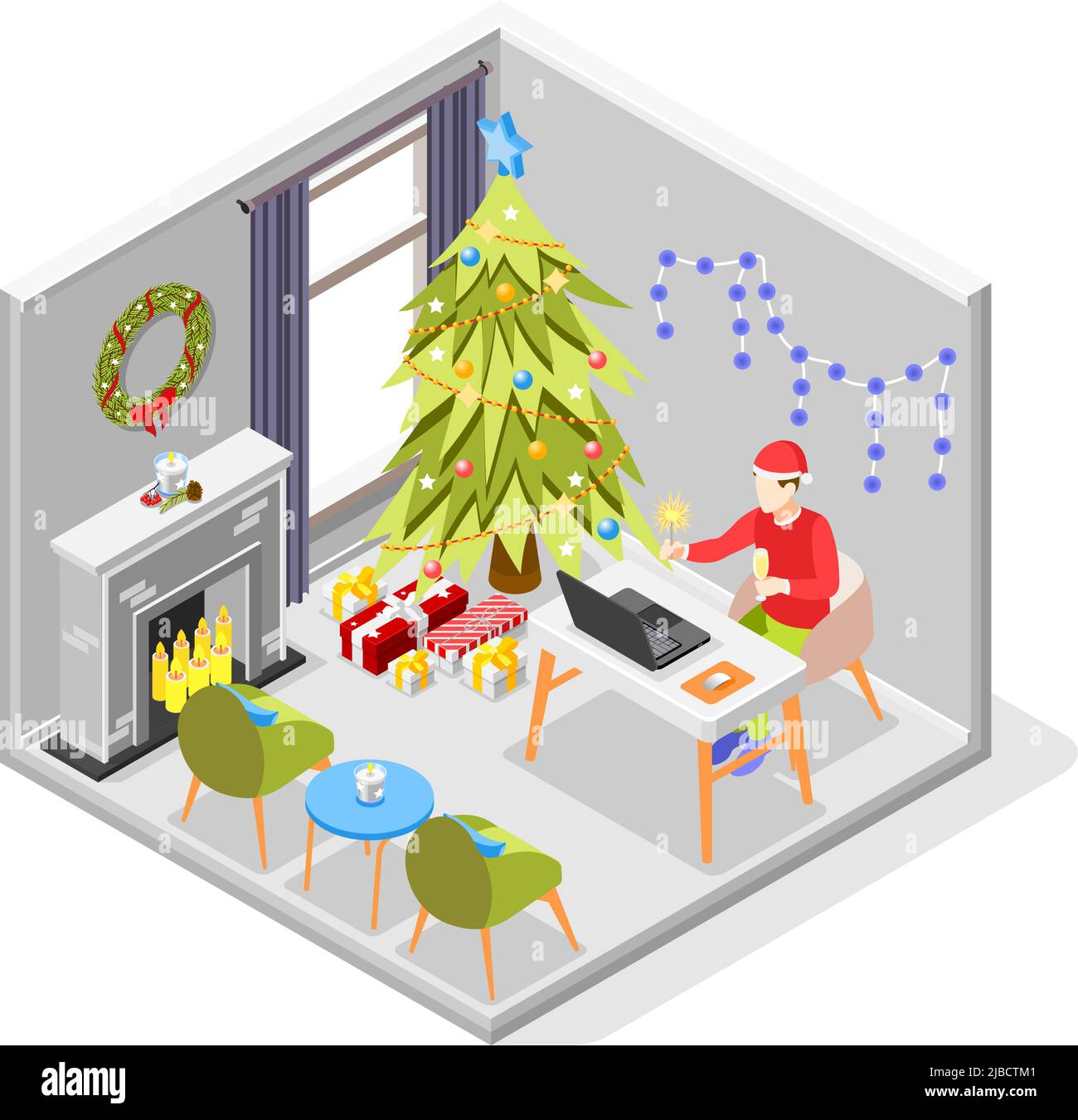 Remote quarantine party isometric composition with new year online celebration vector illustration Stock Vector