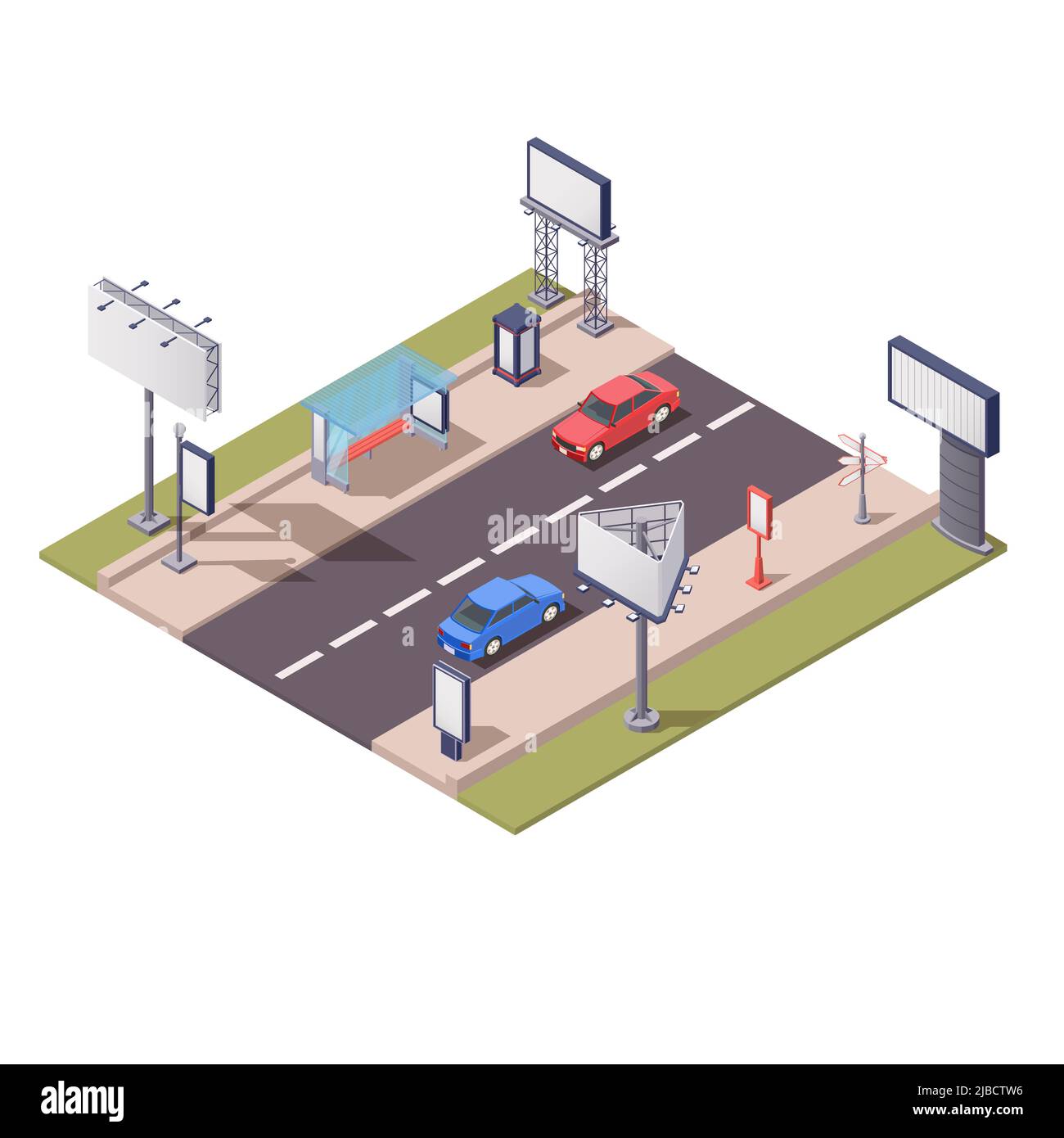 Isometric composition with various advertising constructions along road 3d vector illustration Stock Vector