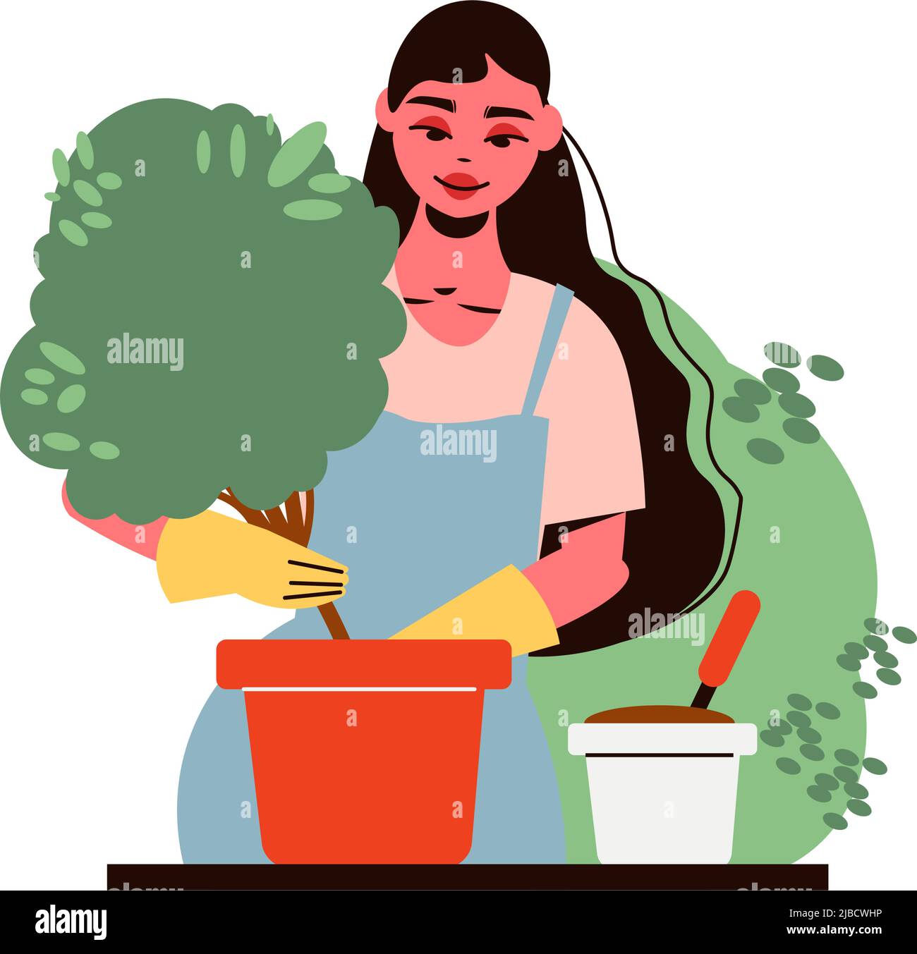Gardening composition with character of female gardener planting tree into flower pot vector illustration Stock Vector