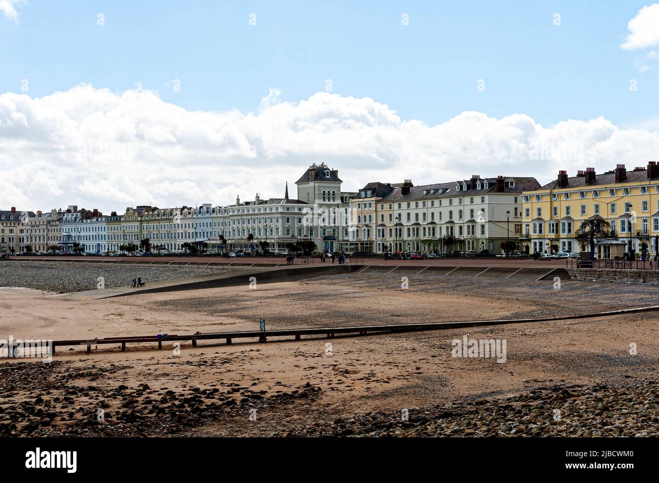 Victorian and more modern architecture sweep around the seafront in a huge arc of hotels separated from the beach by a road and the promenade Stock Photo