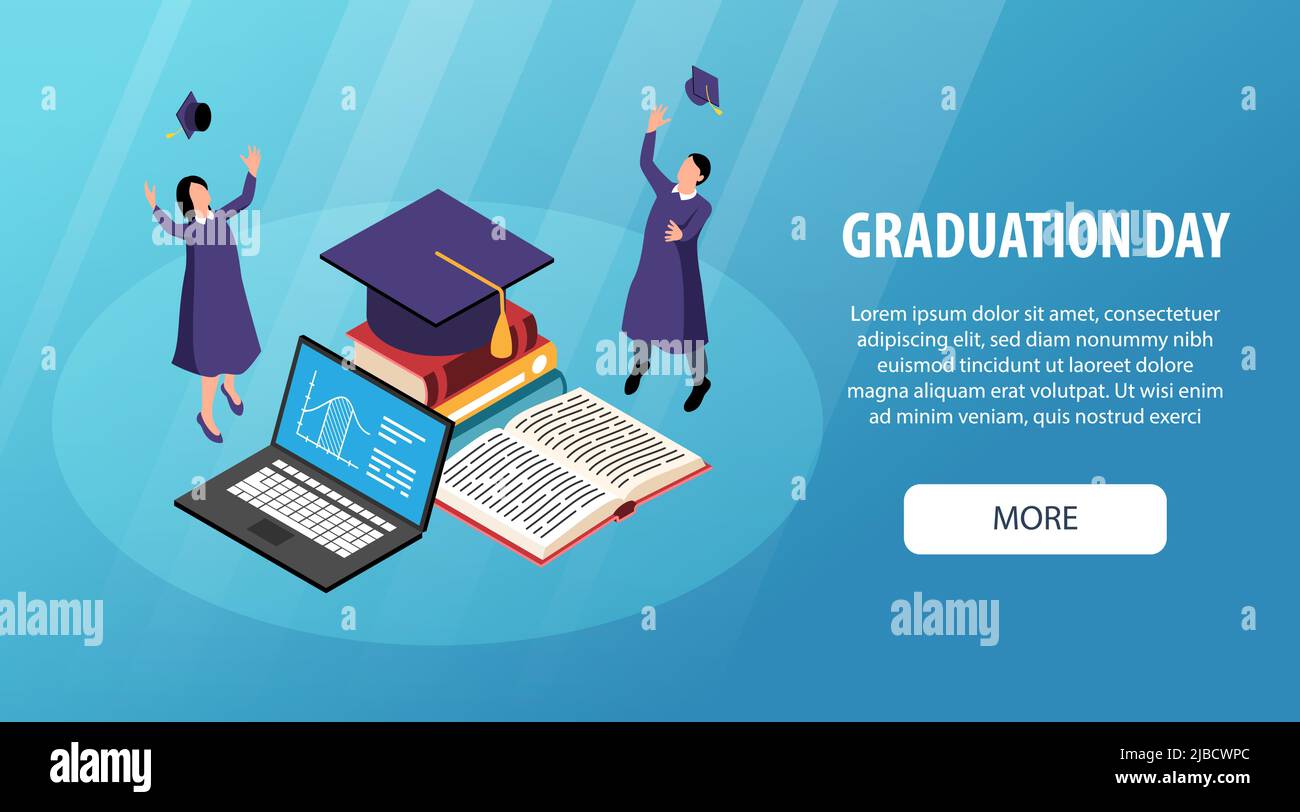 Isometric graduation horizontal banner with more button editable text and academic students with laptop open books vector illustration Stock Vector