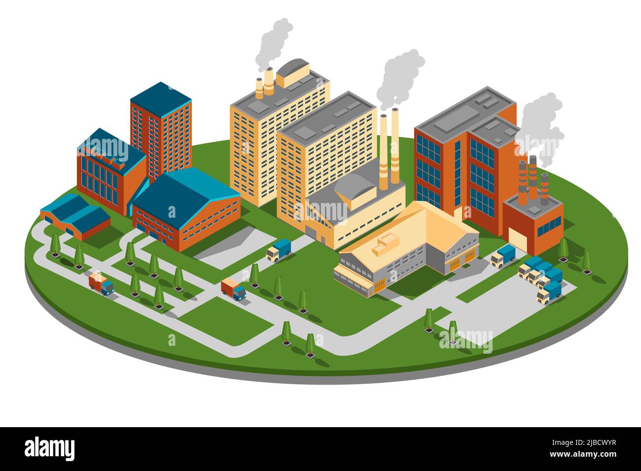 Plant or factory top side view. Bbuilding isometric, industrial business power, energy construction design. Vector illustration Stock Vector