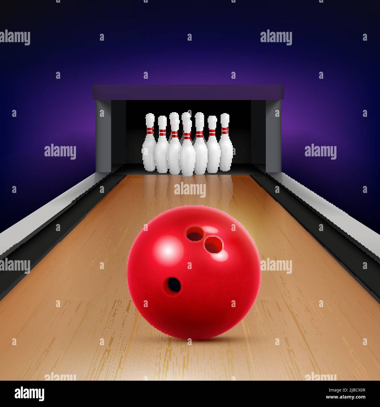 Bowling realistic advertising square composition with view of track with