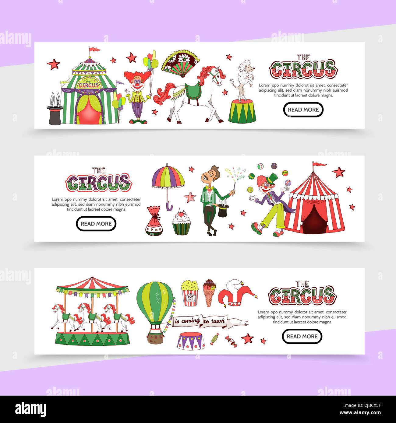 Flat circus horizontal banners with clowns magician horse rabbit dog stage tent sweets hot air balloon jester hat carousel popcorn vector illustration Stock Vector