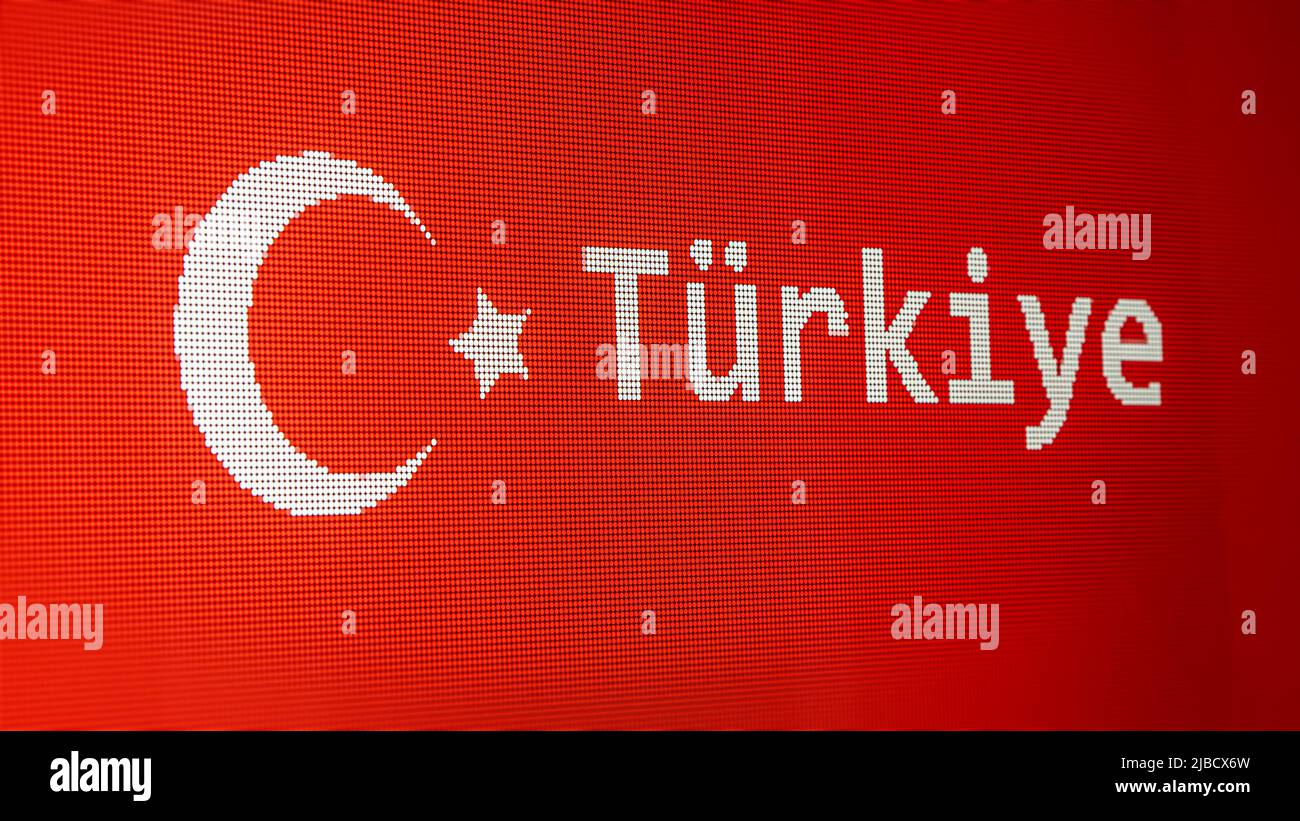In 2022 Turkey changes its official name to Türkiye. New Turkey name registered by the United Nations. Turkish flag with name. Stock Photo