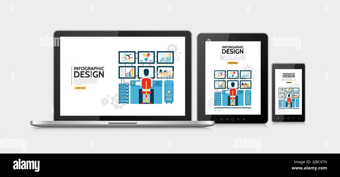 Flat infographic design concept with man working on computer with six monitors showing diagrams charts adaptive for laptop tablet mobile screens isola Stock Vector