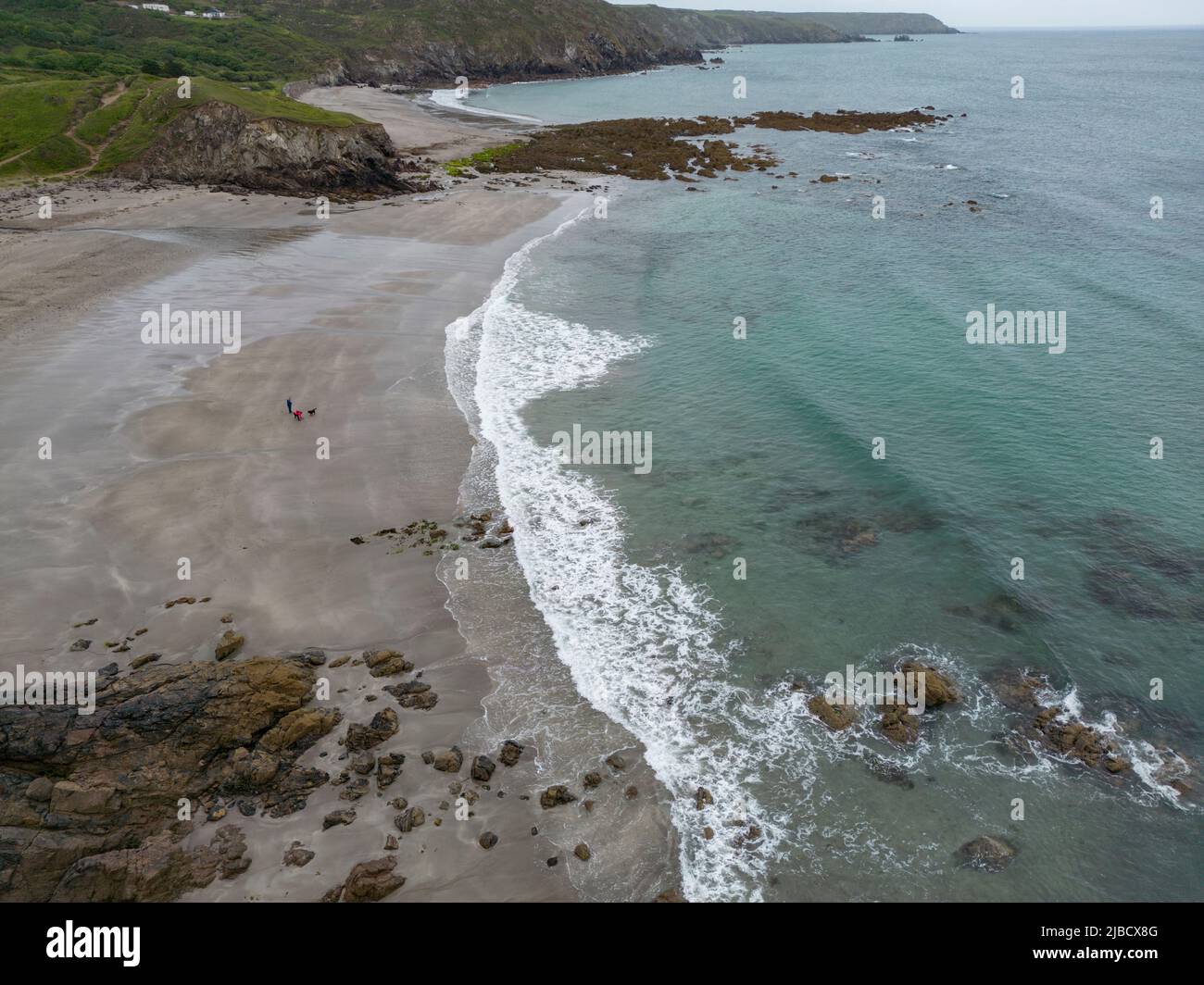 An aerial view of Kennack Sands on the south coast of Cornwall, England. Stock Photo