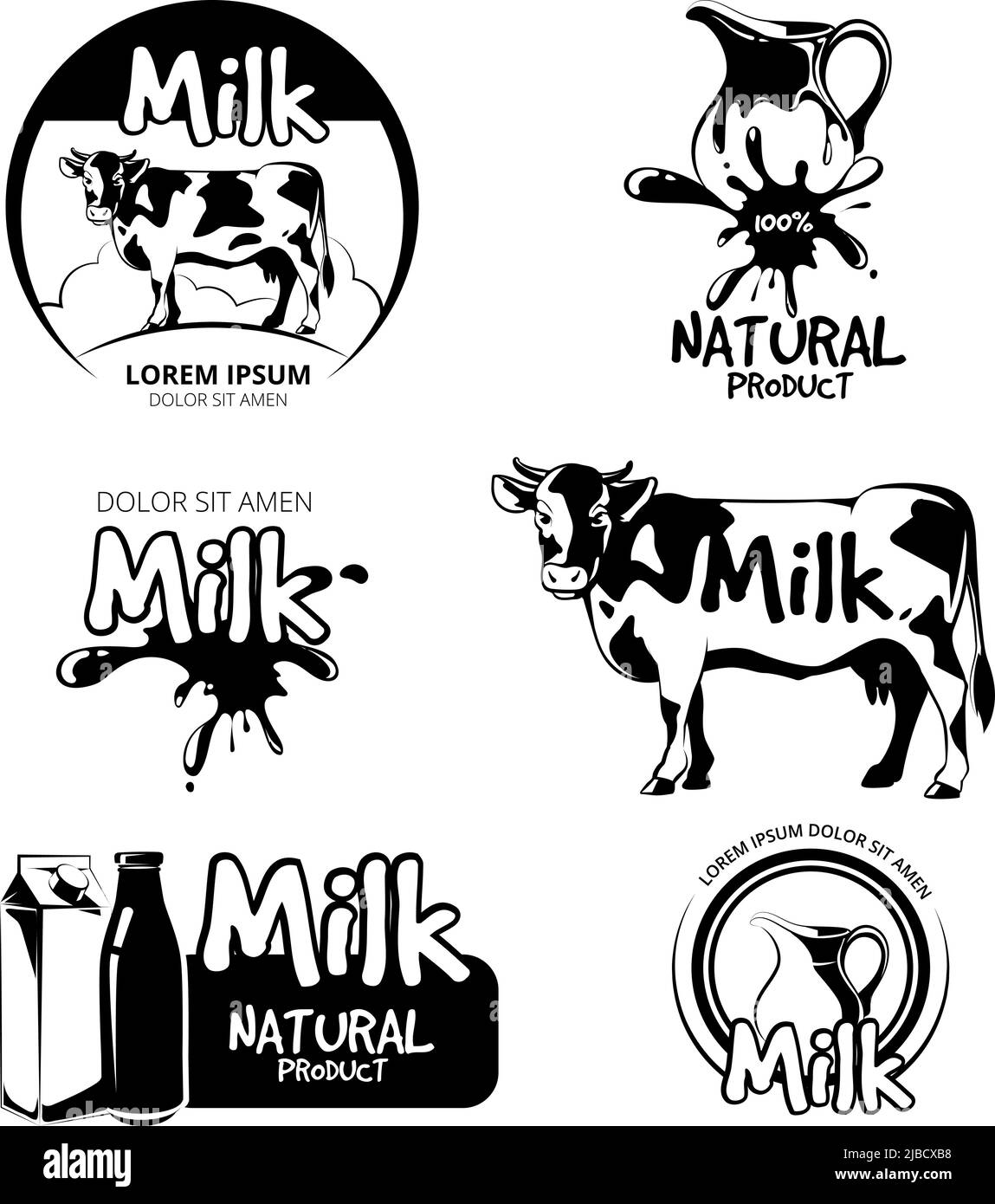 Milk logo and emblems vector set. Label product, farm dairy, cow and fresh natural beverage illustration Stock Vector