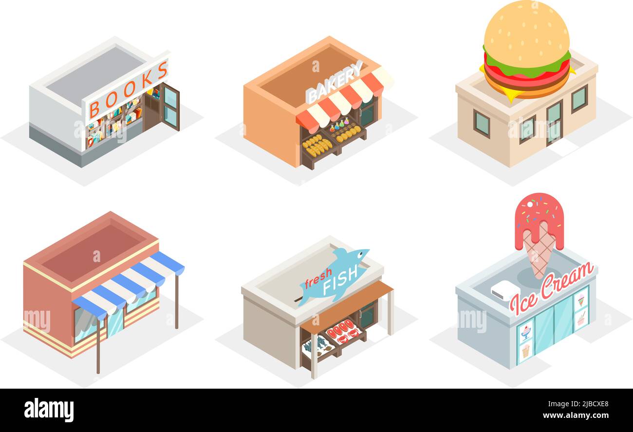 Vector shops and stores 3d isometric icons. Fastfood and bakery, fresh fish and ice cream, design facade building illustration Stock Vector