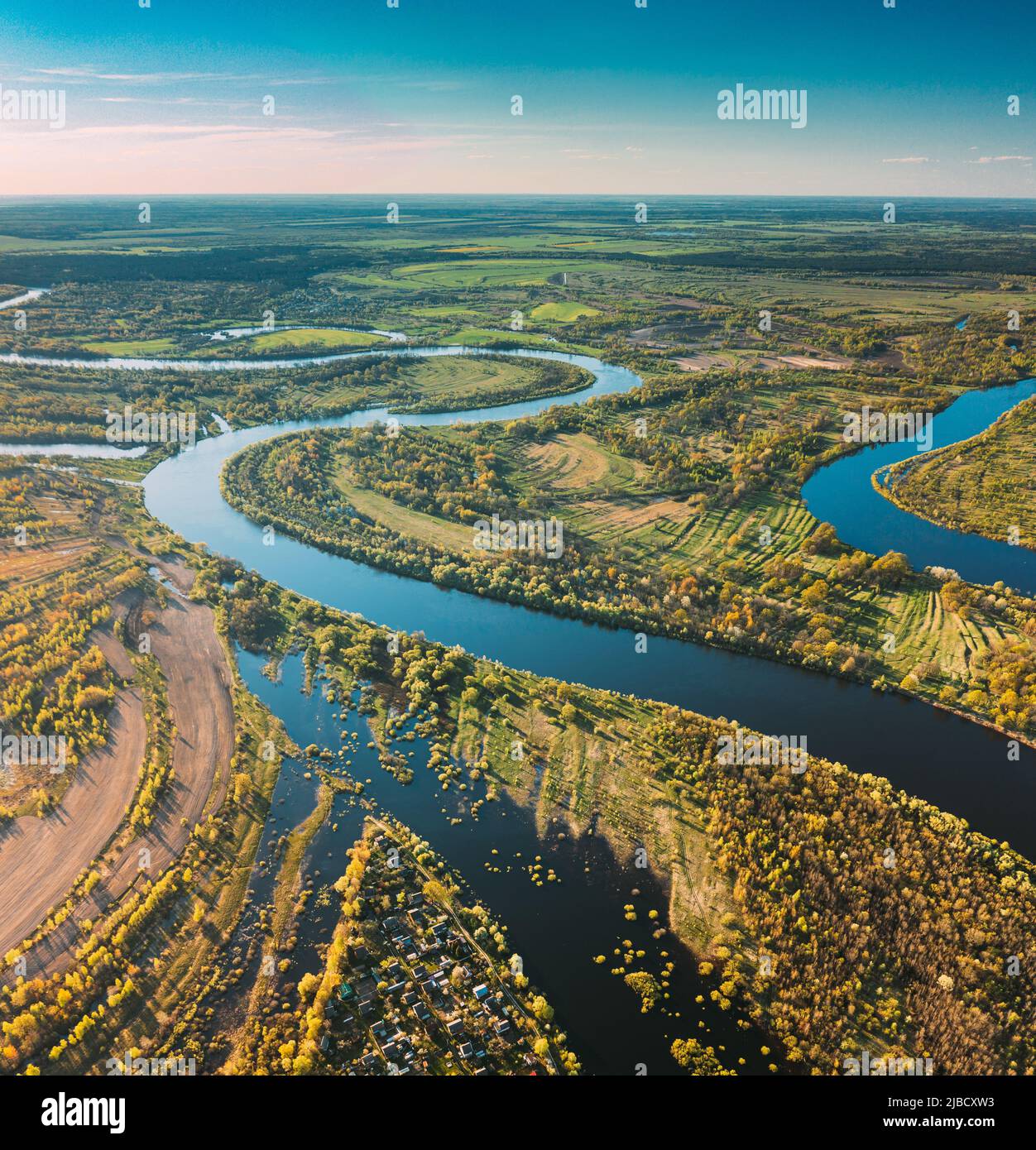 Village Near River, Aerial View Green Forest Woods And River Landscape ...
