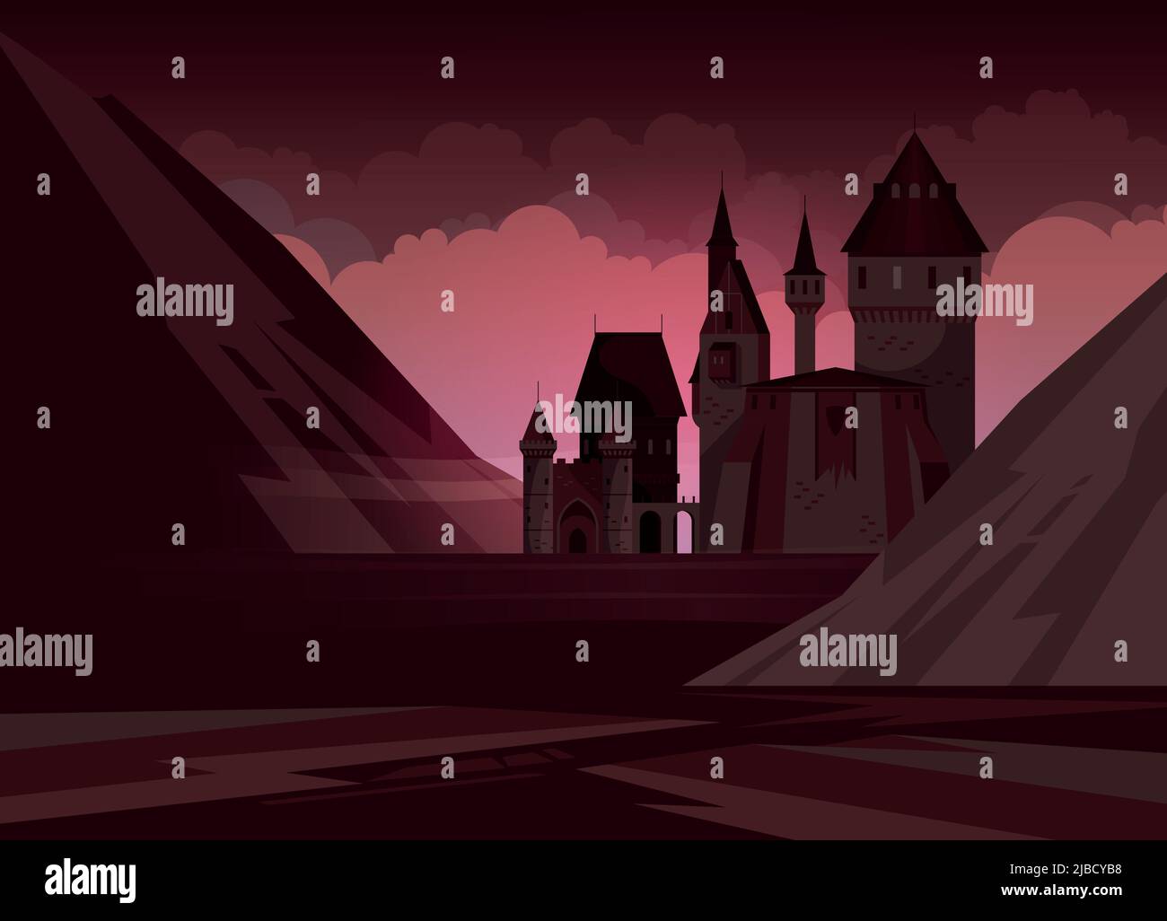 High medieval stone castle with towers in mountains at night flat