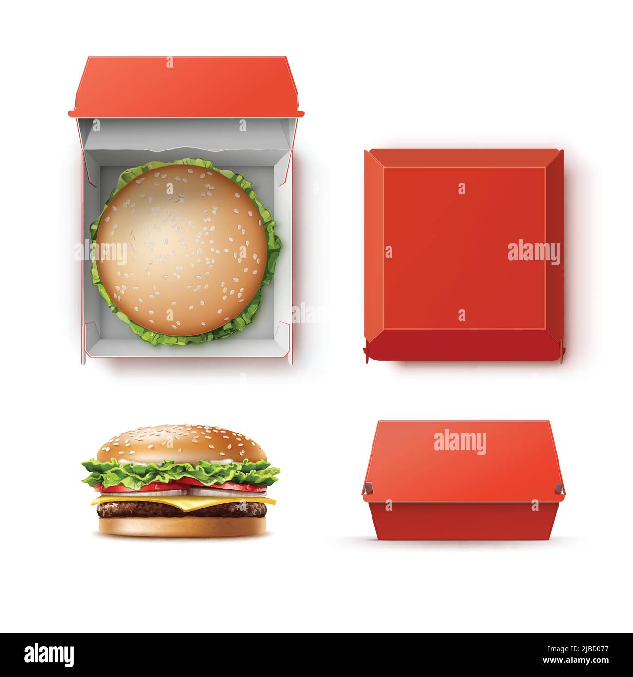 Vector Set of Realistic Empty Blank Red Carton Package Box Container for Branding with Hamburger Classic Burger American Cheeseburger Close up Top Sid Stock Vector