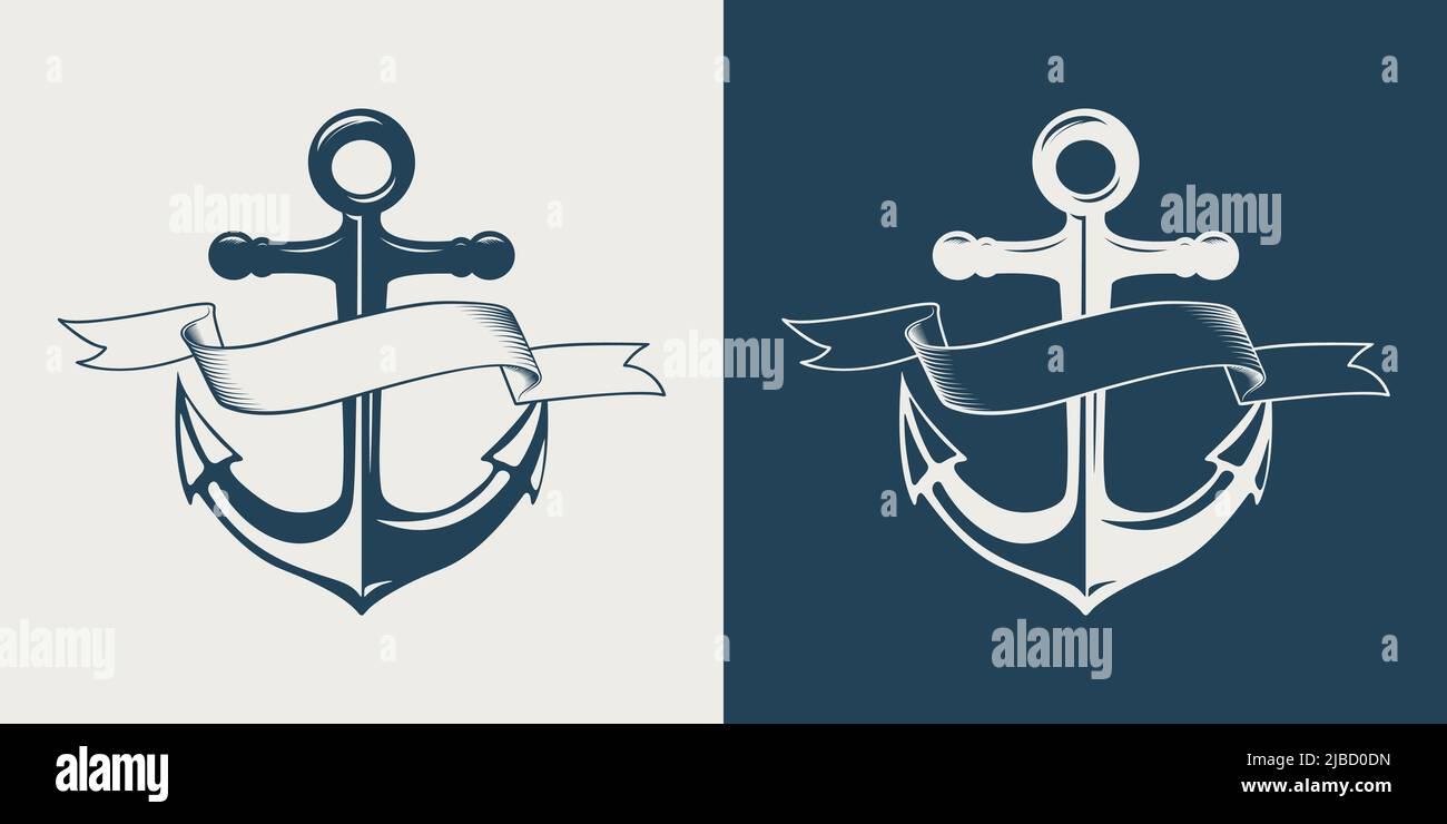 Vector Hand drawn Anchors with Ribbons Set Isolated. Design Template for Tattoos, Tshirt, Logo, Labels. Anchor with Ribbon. Antique Vintage Marine Stock Vector