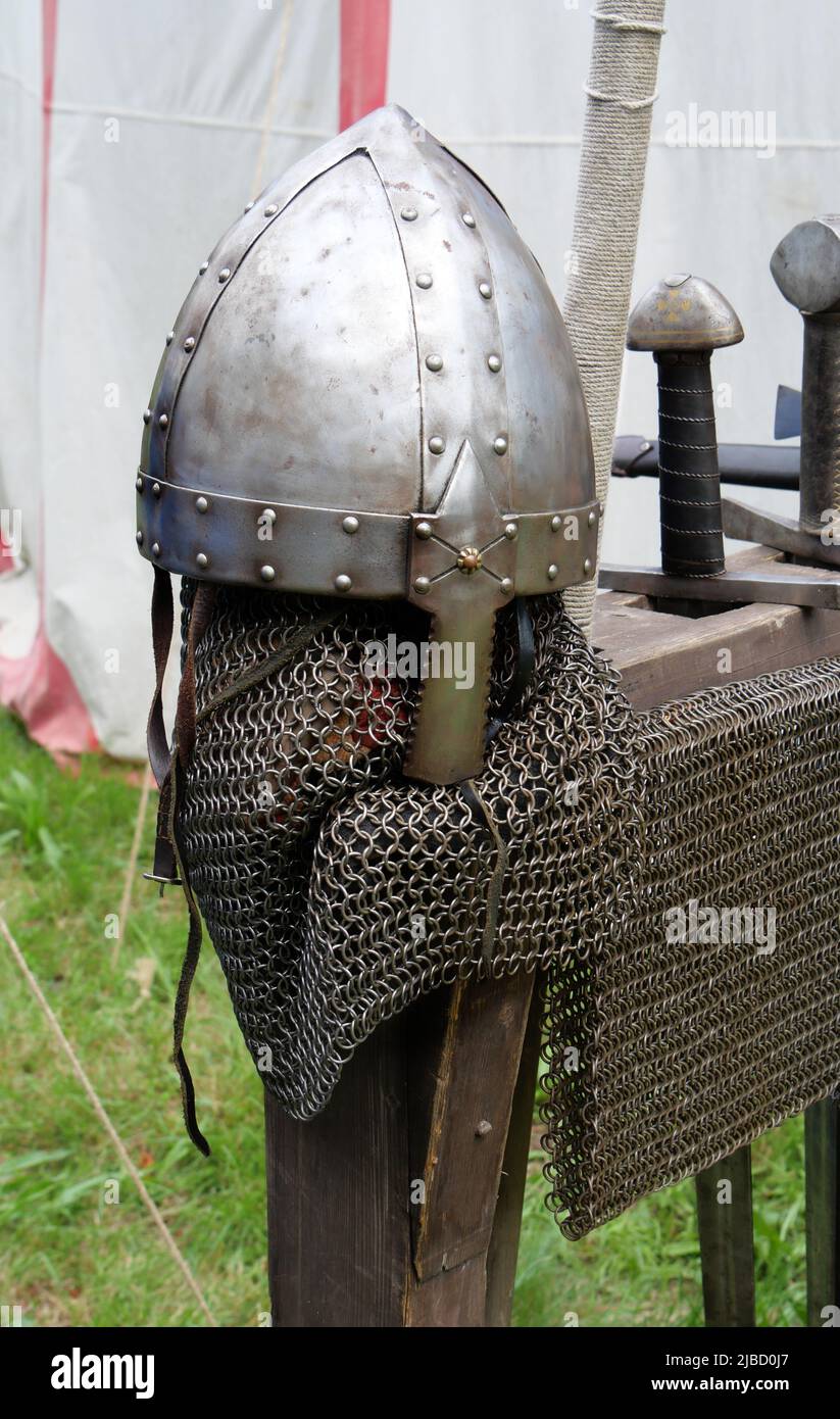 Medieval equipment - helmet and mail. Protection equipment ...